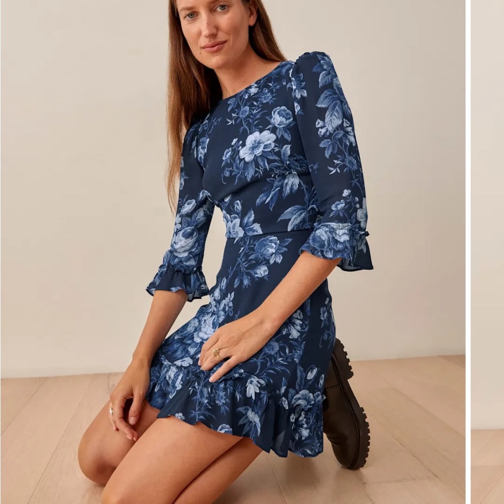 Reformation Navy Floral Doutzen Mini Dress
